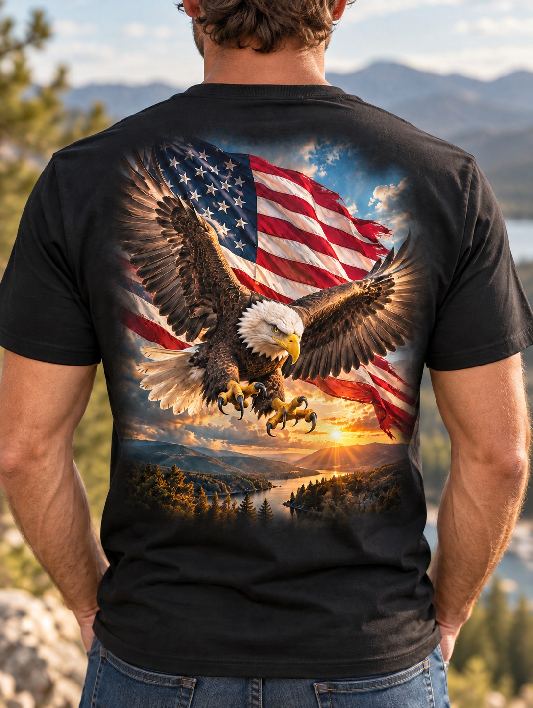 Man wearing a black T-shirt with a feathered eagle and American flag design